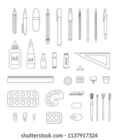 Vector set of black stationery, writing materials, office or school supplies isolated on white background. Monochrome pack of monochrome pen, pencil, ruler, glue, paint, brush, pushpin, binder