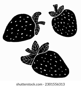 Vector set of black strawberries. Berries. In the style of linocut. Scandinavian rustic ornament. Element for design