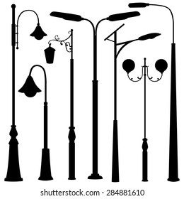 Vector Set of Black Street Lights Silhouettes