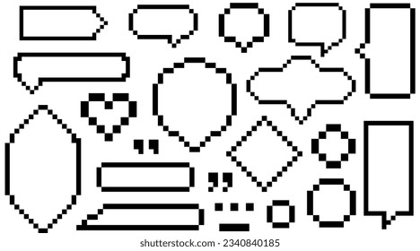 vector set of black  stroke Pixel 90s retro speech bubbles Dialogue Box Message outline Frames
