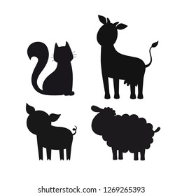 Vector set of black stylized silhouettes of domestic animals