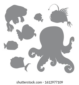 Vector set of black stylized silhouettes of marine inhabitants