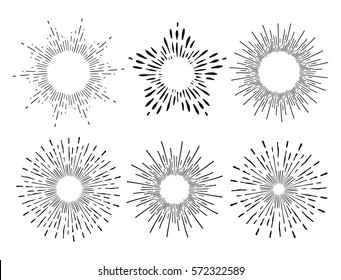 Vector Set of Black Sunbursts For Your Design. Set Of Vintage Light Rays. Hand-Drawn Design Elements