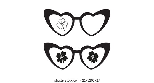 Vector conjunto de gafas de sol negras, trébol. Símbolo de felicidad, amor de suerte.