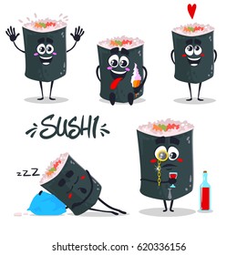 Vector set of black sushi characters with many different emotions. Isolated on white background. Stickers. 