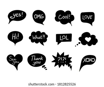 Vector Set of Black Talk Bubbles with Handwrtitten Words Isolated on White Background, Hand Drawn Dialogue Frames Collection, Black and White Illustration.