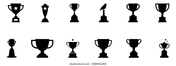 A vector set of black trophy silhouettes, isolated on a white background, representing championship awards.