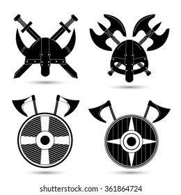 Vector set of black viking icons isolated on white background. Ancient helmet ax sword