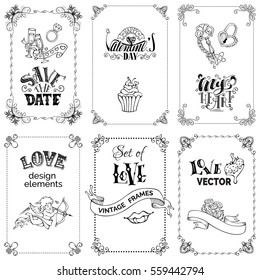 Vector set of black vintage frames isolated on white background. Handwritten love lettering, signs and symbols, ribbons. There is place for your text. Valentine's day romantic design elements.