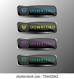 The vector set of black web buttons with colored arrows.Download symbol.