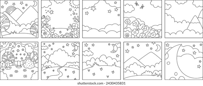 Vector set of black and white abstract backgrounds with clouds, stars, moon, garden, field, magic forest. Fantasy world line scenes collection. Fairytale square nature landscapes, coloring pages
