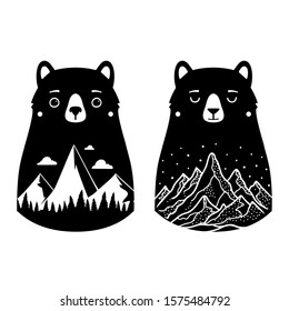 Vector set with black white bears, mountains, clouds, stars and pine trees. Cool apparel print design with wild animals, nature outdoor landscape, sticker or poster template