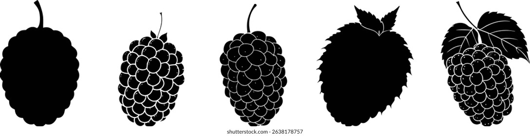 A vector set of black and white blackberry silhouettes showcasing various shapes and styles for graphic design.