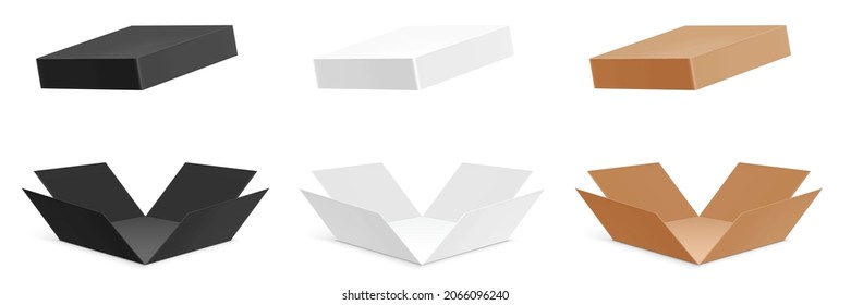 Vector set of black, white, and cardboard paper unfolded boxes, isolated on background.