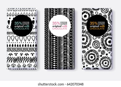 Vector Set Of Black and White Chocolate Bar Package Designs With Modern Tribal Ikat Patterns. Circle frame. Editable Packaging Template Collection.