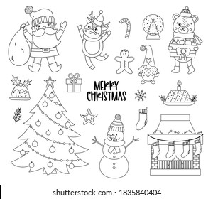 Vector set of black and white Christmas elements with Santa Claus, deer, fir tree, presents isolated on white background. Cute funny winter icons illustration for decorations or new year design.
