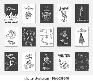 Vektor-Set von schwarz-weiß Weihnachten Zeit flache Illustrationsgrußkarten Vorlage. Hintergründe große Kollektionsmenge mit Weihnachtselementen auf weißem Hintergrund