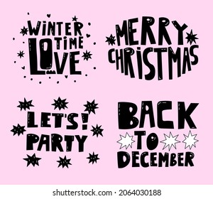 conjunto vectorial de letras de navidad en blanco y negro.Títulos y deseos para el año nuevo.Colección de siluetas negras para celebración y tarjetas.Emblemados de invierno dibujados a mano.Nostalgia por la tipografía de los años 80