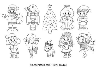 Vector set of black and white Christmas characters. Cute winter Santa Claus with sack, Angel, Elf, Nutcracker illustration or coloring page. Funny outline New Year or winter icon pack
