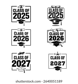Vector set of black and white class of 2025, 2026, and 2027 graduation badges with caps and diplomas in bold design styles