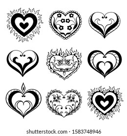 Vector set of black and white decorative hearts. Creative hand drawn hearts for card design, covers 
