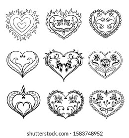 Vector set of black and white decorative hearts. Creative hand drawn hearts for card design, covers 