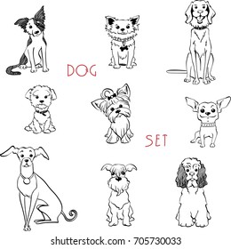 Vector set black and white dogs different breeds