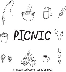 vector set of black and white elements, picnic, fishing on a fishing rod, barbecue