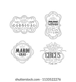 Vector set of black and white emblems for circus and Mardi Gras carnival. Hand drawn logos with masks, crown and text in vintage frames