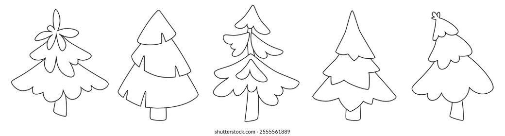 Vector set of black and white fir trees of different shapes. Coloring, doodle illustration. Forest tree, pine, Christmas tree. Clip art for children's books and educational games.