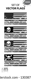 Vector set of black and white flags of the United States of America made in different style. Some with images of skulls