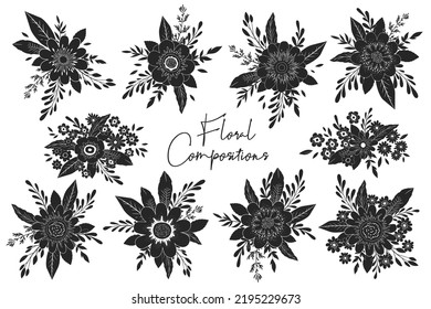 Vector set of black and white floral compositions from hand drawn flowers and leaves isolated on white background. Cutting bouquet templates for SVG files, wedding invitation, card svg