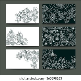 vector set of  black and white floral cards with  linear flowers