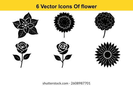 Vector set of black and white flowers. 6 set of vector flower isolated on white background.
