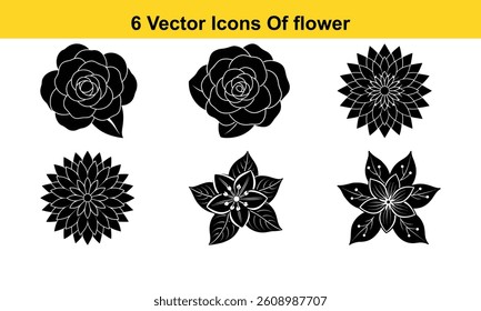Vector set of black and white flowers. 6 set of vector flower isolated on white background.