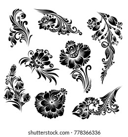 vector set of black and white flowers in ethnic style for decoration and design, beautiful flowers stylized for folk painting