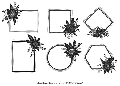 Vector set of black and white frames with hand drawn flowers, leaves and branches isolated on white background. Cutting flower frame silhouette templates for SVG files, wedding invitation, card svg