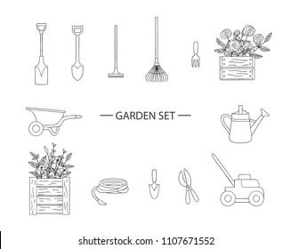 Vector set of black and white garden tools, flowers, herbs, plants. Monochrome  pack of spade, shovel, rakes, wheel barrow, watering can, shears, lawn mower, hose, trowel, hand fork, flower bed