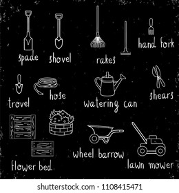 Vector set of black and white garden tools, flowers, herbs, plants with lettering. Monochrome  pack of spade, shovel, rakes, wheel barrow, watering can, shears, lawn mower, hose, trowel, hand fork