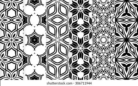 Vector set of  black and white geometric seamless patterns. Template for design decor, invitation, print, scrapbook, template, textile, texture, wrapping paper