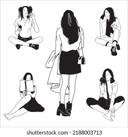 Vector Set Of Black and White Girls Daily Fashion Silhouettes Illustration Isolated On White Background