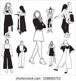 Vector Set Of Black and White Girls Daily Fashion Silhouettes Illustration Isolated On White Background