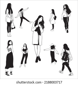 Vektorset mit Schwarz-Weiß-Girls Tägliche Mode-Silhouetten-Illustration einzeln auf weißem Hintergrund