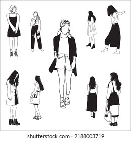 Conjunto vectorial de Chicas Negras y Blancas Silhouettes De Moda Diaria Ilustración Aislada En Fondo Blanco