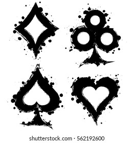 Vector set of black and white graphic illustration of sign of playig card with ink blot, brush strokes, isolated on the white. Series of artistic illustration with splash, blots and brush strokes