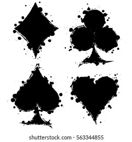 Vector set of black and white graphic illustration of sign of playig card with ink blot, brush strokes, isolated on the white. Series of artistic illustration with splash, blots and brush strokes