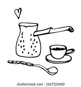 Vector set of black and white hand drawn line icons for coffee houses isolated on white background. Turk, cup and saucer, spoon, graphic heart for design, stickers, postcard