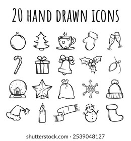Vector set of black and white hand drawn New Year and Christmas icons. Holiday and winter signs and symbols for decoration.