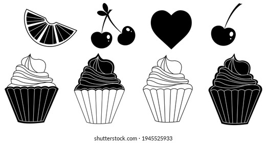 Vector set of black and white icons of cupcakes, cherry, heart, orange, sweet candy. Bakery logo, sweet logo isolated on white background