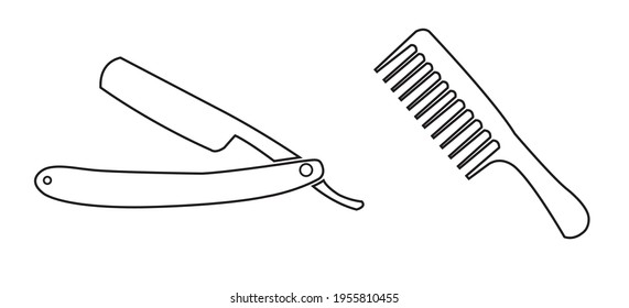 Vektorset aus Schwarz-Weiß-Symbolen eines Kamms mit Griff und Rasiermesser mit Blade. Illustration einzeln, gruppiert und transparent. Die Elemente sind getrennt.
